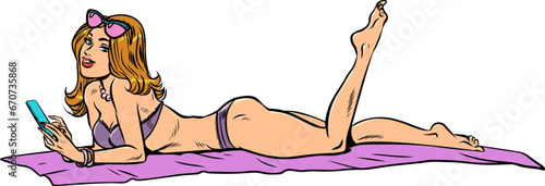 Vacation in a sunny resort. Skin care in the sun. A beautiful girl in a bikini and sunglasses lies on a towel.