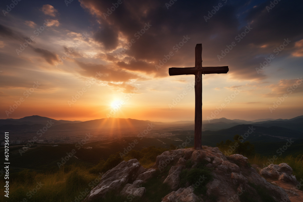 Holy cross symbolizing the death and resurrection of Jesus Christ shrouded in light and clouds at sunset Holy cross symbolizing the death and resurrection of Jesus Christ shrouded in light and clouds at sunset