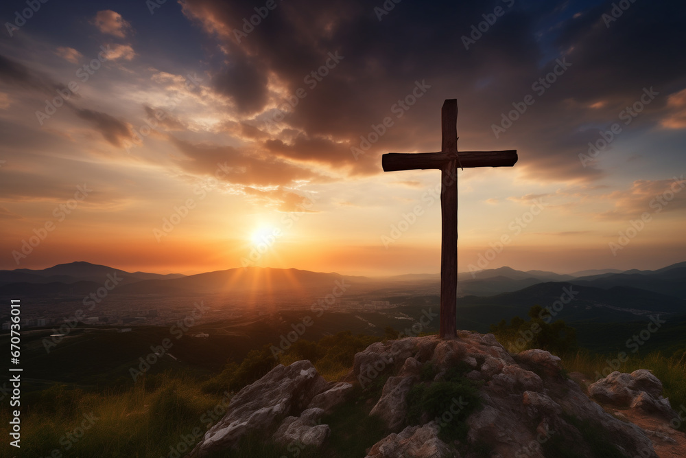 Holy cross symbolizing the death and resurrection of Jesus Christ shrouded in light and clouds at sunset