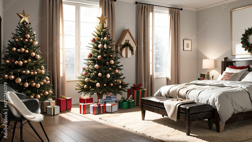 Weihnachtliches Zimmer mit Bett, rote Bettdecke, rote Vorhänge, Kamin, weihnachtliche Deko, Dekoartikel, Einrichtungsideen, Dekoartikel, Weihnachtsbaum, Design