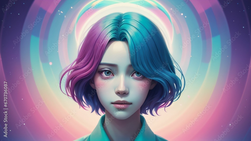 Anime-Mädchen vor einem lebendigen, pinken und rosa Hintergrund Anime-Mädchen vor einem lebendigen, pinken und rosa Hintergrund
