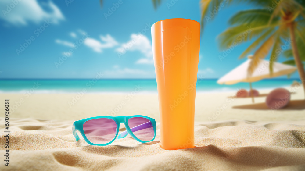 sunscreen and sunglasses on the seashore on a summer day