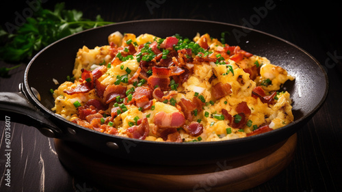 scrambled eggs and bacon in a frying pan.