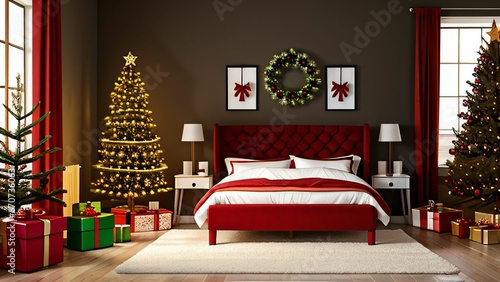Weihnachtliches Zimmer mit Bett, rote Bettdecke, rote Vorhänge, Kamin, weihnachtliche Deko, Dekoartikel, Einrichtungsideen, Dekoartikel, Weihnachtsbaum, Design photo