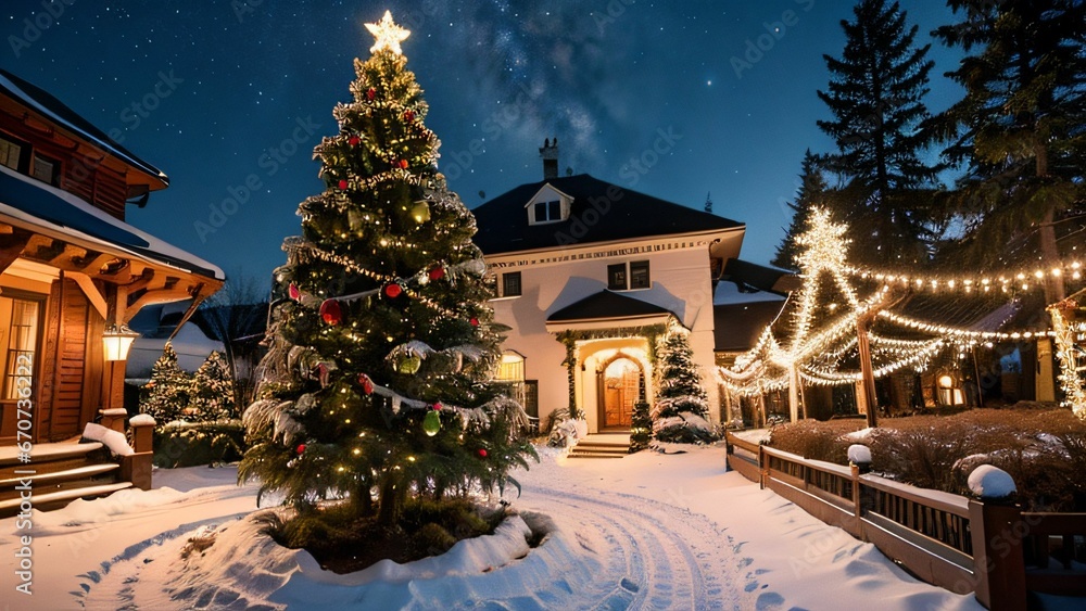 Weihnachtlich dekoriertes Haus in verschneiter Landschaft mit festlichen Lichterketten und Schnee auf dem Dach, Weihnachtsbaum im Garten, Weihnachtsstimmung, Berge und Schneelandschaft Weihnachtlich dekoriertes Haus in verschneiter Landschaft mit festlichen Lichterketten und Schnee auf dem Dach, Weihnachtsbaum im Garten, Weihnachtsstimmung, Berge und Schneelandschaft