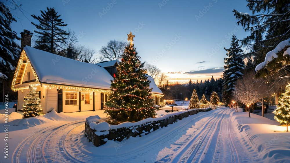 Weihnachtlich dekoriertes Haus in verschneiter Landschaft mit