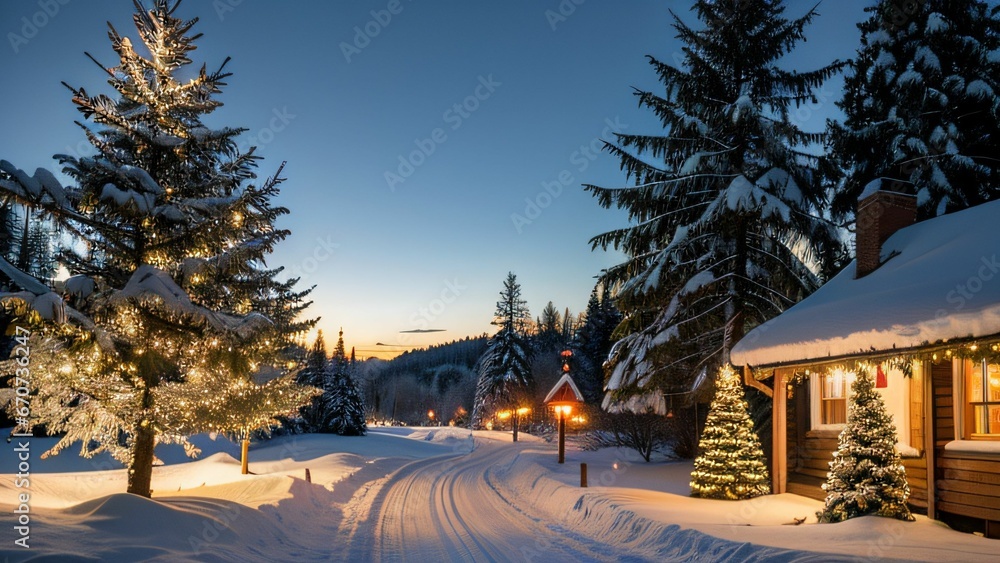 Weihnachtslandschaft mit beleuchtetem Weihnachtsbaum in verschneiter Bergkulisse und verschneiten Häusern