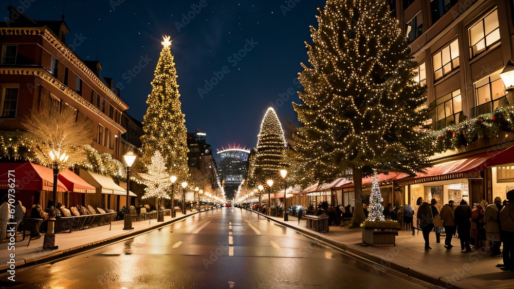Weihnachtslandschaft mit beleuchtetem Weihnachtsbaum und reflektierende Straße Weihnachtslandschaft mit beleuchtetem Weihnachtsbaum und reflektierende Straße
