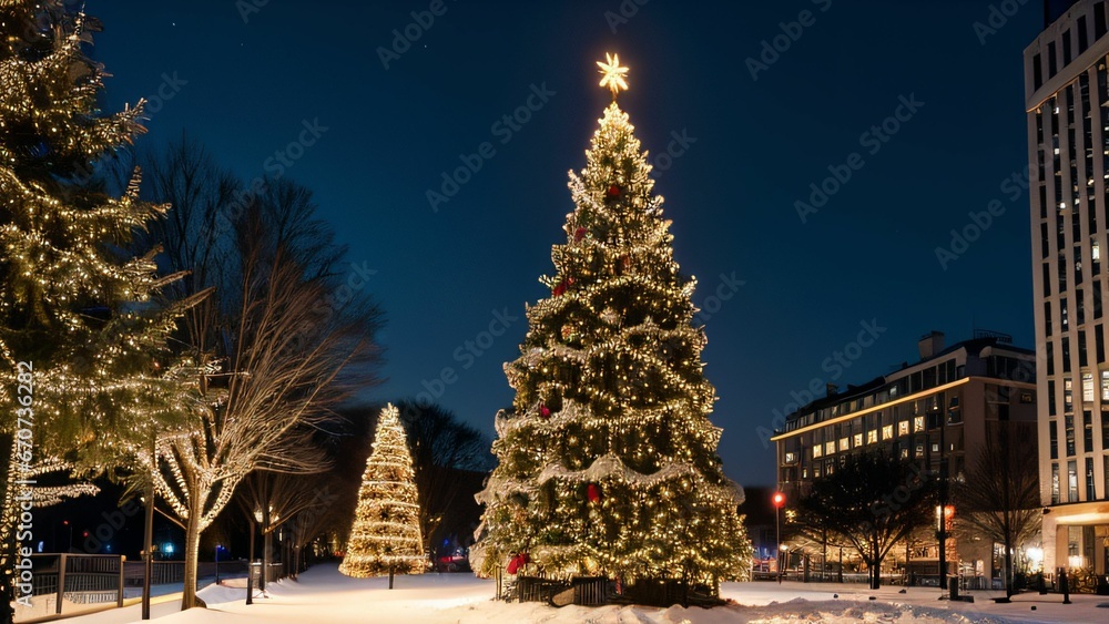 Weihnachtslandschaft mit beleuchtetem Weihnachtsbaum in verschneiter Bergkulisse