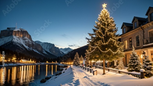 Weihnachtslandschaft mit beleuchtetem Weihnachtsbaum in verschneiter Bergkulisse mit Fluss