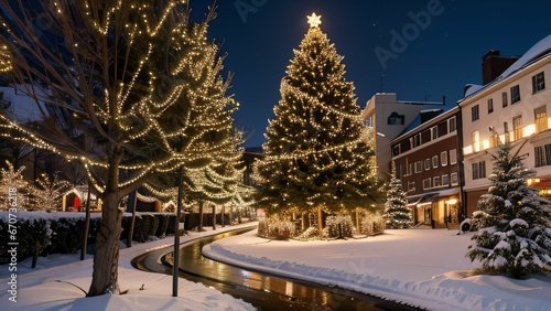 Weihnachtslandschaft mit beleuchtetem Weihnachtsbaum in verschneiter Bergkulisse mit Häusern