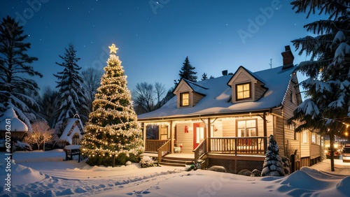 Weihnachtlich dekoriertes Haus in verschneiter Landschaft mit festlichen Lichterketten und Schnee auf dem Dach, Weihnachtsbaum im Garten, Weihnachtsstimmung, Berge und Schneelandschaft © joernueding