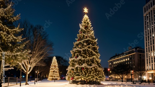 Weihnachtslandschaft mit beleuchtetem Weihnachtsbaum in verschneiter Bergkulisse