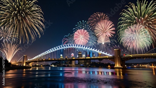 Silvester Feuerwerk an Neujahr über der nächtlichen Großstadt über dem Fluss Höhenfeuerwerk, Feier, Party, Böller, Knaller