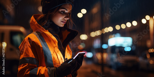 Woman wearing high viz jacket at night, face illuminated bye phone
