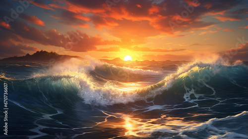 wave in sunset on the sea background.