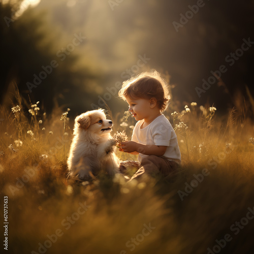 Chłopiec na łące z psem