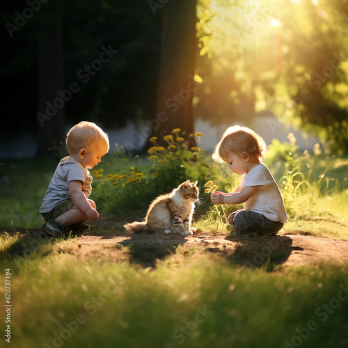 Dwoje dzieci, bawiących się z kotkiem