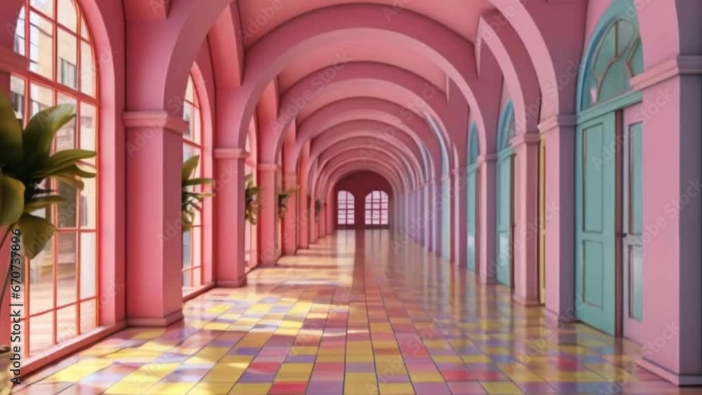 Pink Hallway with Purple and Yellow Tiled Flooring Pink Hallway with Purple and Yellow Tiled Flooring