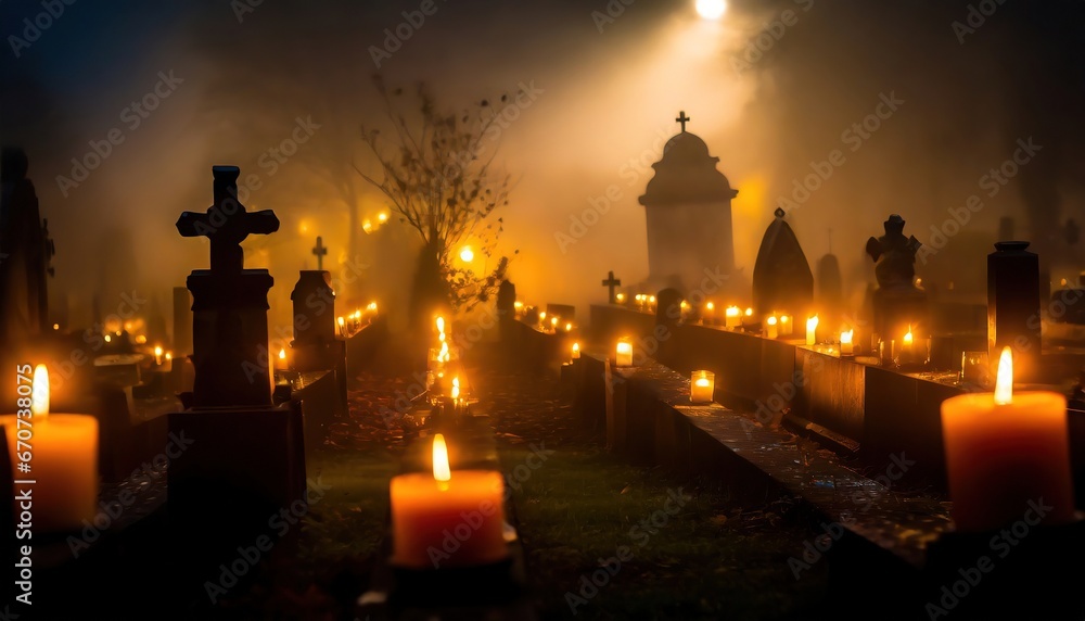 Cemetery at night with lit candles, light fog