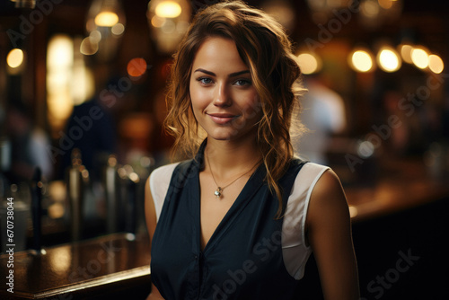Portrait of a barmaid with beer  taps  optics and bottles blurred in the background