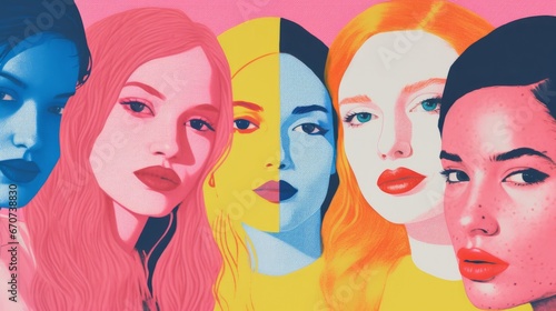 risograph beauty fashion beautiful young women with different hairstyles, graphic shapes grain