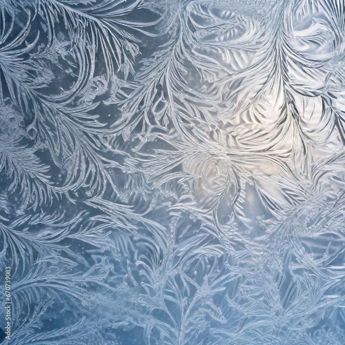 Winter frost patterns on glass. Ice crystals or cold winter background.Beautiful natural frosty pattern on winter window