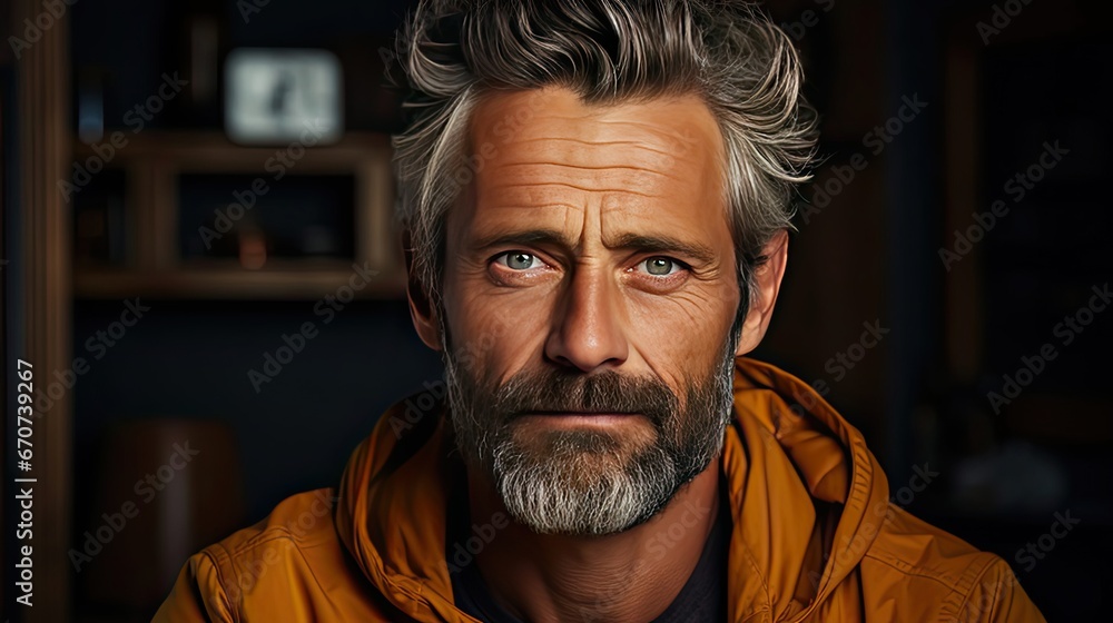 Portrait of charming mature man true boss feel content emotions wear yellow shirt over background. Man portrait illustration. Generative AI