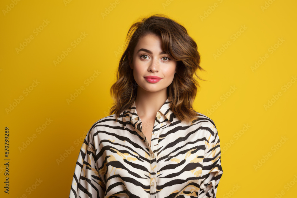 Obraz premium Elegant Mixed-Race Model Posing with Dual Heritage Charm. Beautiful Young Happy European Woman On Yellow or Blue Background