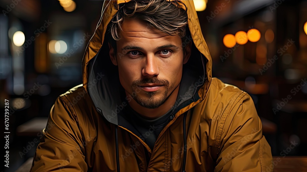 Handsome man in green hoodie on background. Model illustration. Generative AI Handsome man in green hoodie on background. Model illustration. Generative AI