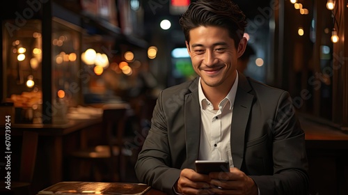 Portrait young Asian man handsome happy smile in formal shirt using smartphone trading or chatting on background. Man portrait illustration. Generative AI