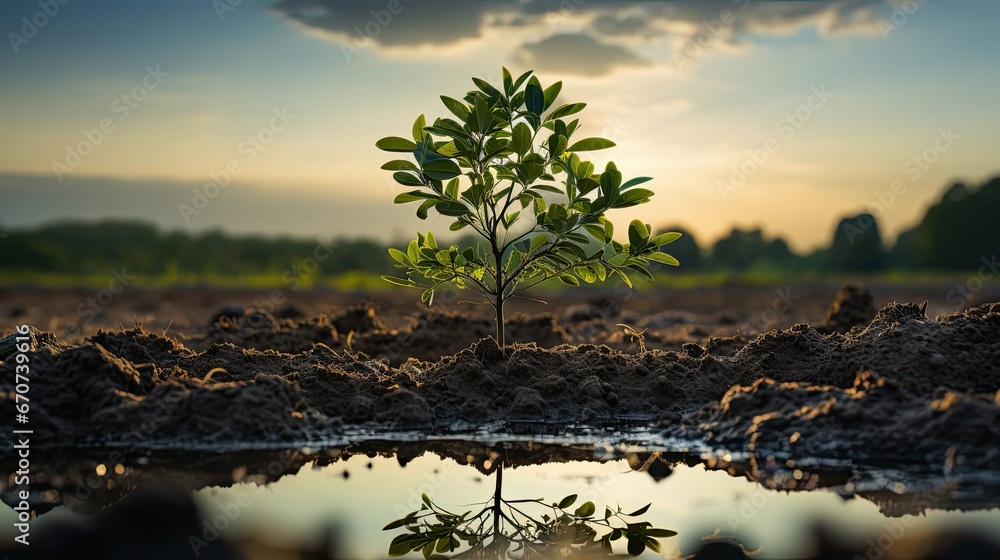 Panorama small tree growing with sunrise. green world and earth day concept. Agriculture plants illustration. Generative AI