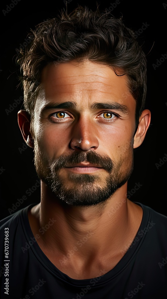 Close up portrait of young smiling handsome guy in blue t-shirt on background. Man face portrait illustration. Generative AI Close up portrait of young smiling handsome guy in blue t-shirt on background. Man face portrait illustration. Generative AI
