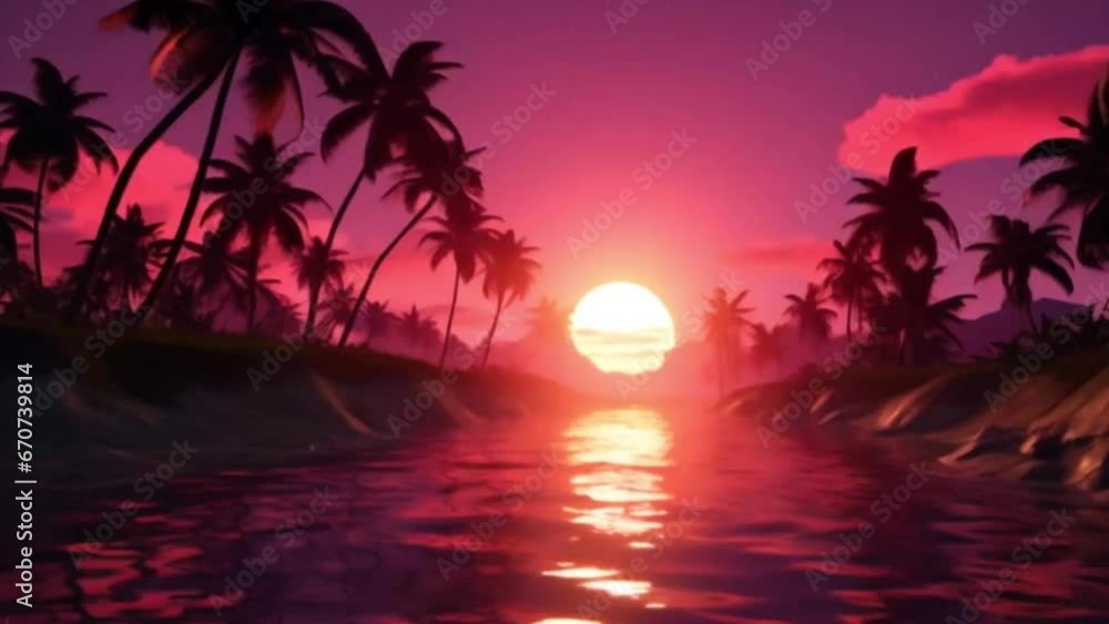 Tropical Water Stream Scene: Palm Trees Leading to Sunset View Tropical Water Stream Scene: Palm Trees Leading to Sunset View