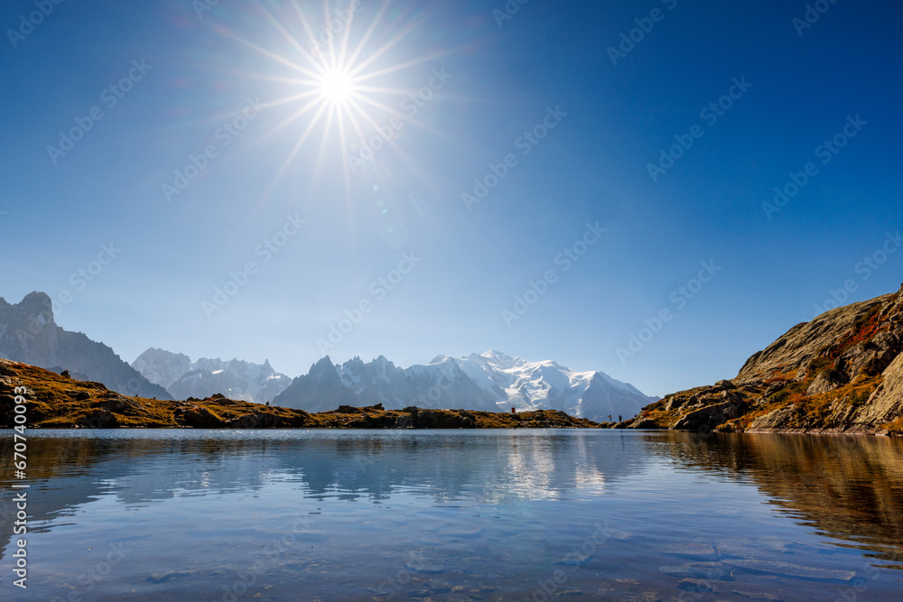 Fototapeta premium mountain lake Lac Blanc in Chamonix with mountains of the Mont Blanc Massiv in the distance