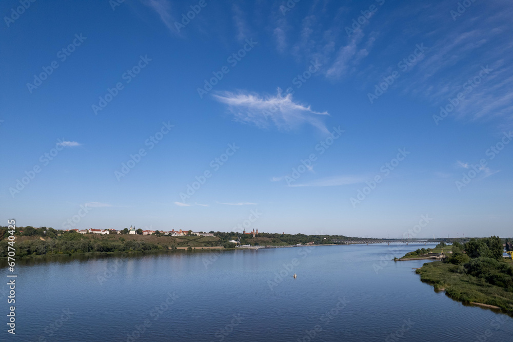 Vistula river in Plock, Poland - drone view, day, sunny weather