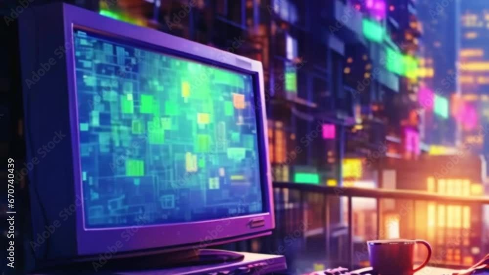 CRT Flat Screen: Data Visualizer, City Backdrop CRT Flat Screen: Data Visualizer, City Backdrop