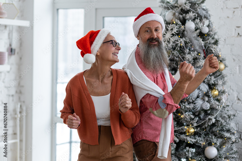 Obraz premium Mature man and woman cheerful smiling, dancing, singing. Concept of active life and leisure of elderly retired people. Happy loving senior couple having fun on New Year party near Christmas tree.