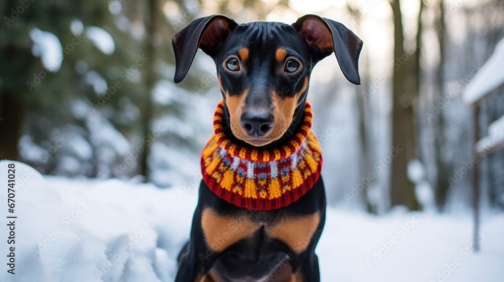Doberman in knitted sweater portrait on the background of a Christmas tree. Merry Christmas and Happy New Year concept. .