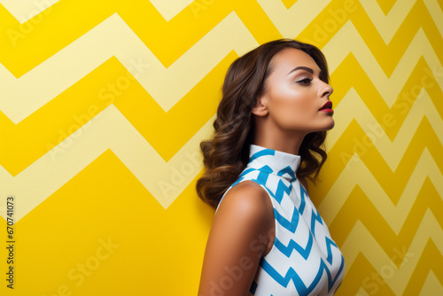 Confident young woman in bold yellow, an image of a woman in an angled pose in a yellow dress.