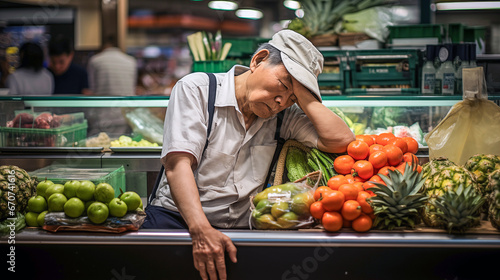 Asian man wearing white shirt and a towel on his head choosing fruit in a supermarket © korkut82