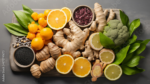 Composition with different superfoods on grey background, top view. 