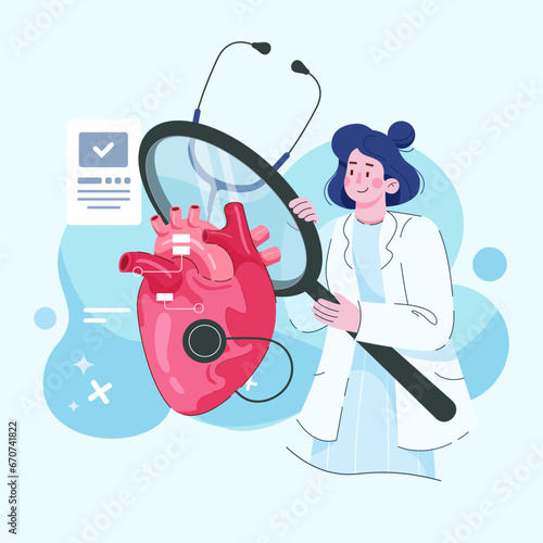 Cardiology. Checking heart health and cardiovascular pressure. Vector illustration in flat style