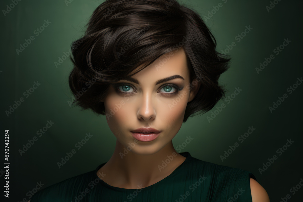 Young woman with short haircut styling closeup. Sexy Woman in Red Mini Dress. Fashion Model Young woman with short haircut styling closeup. Sexy Woman in Red Mini Dress. Fashion Model