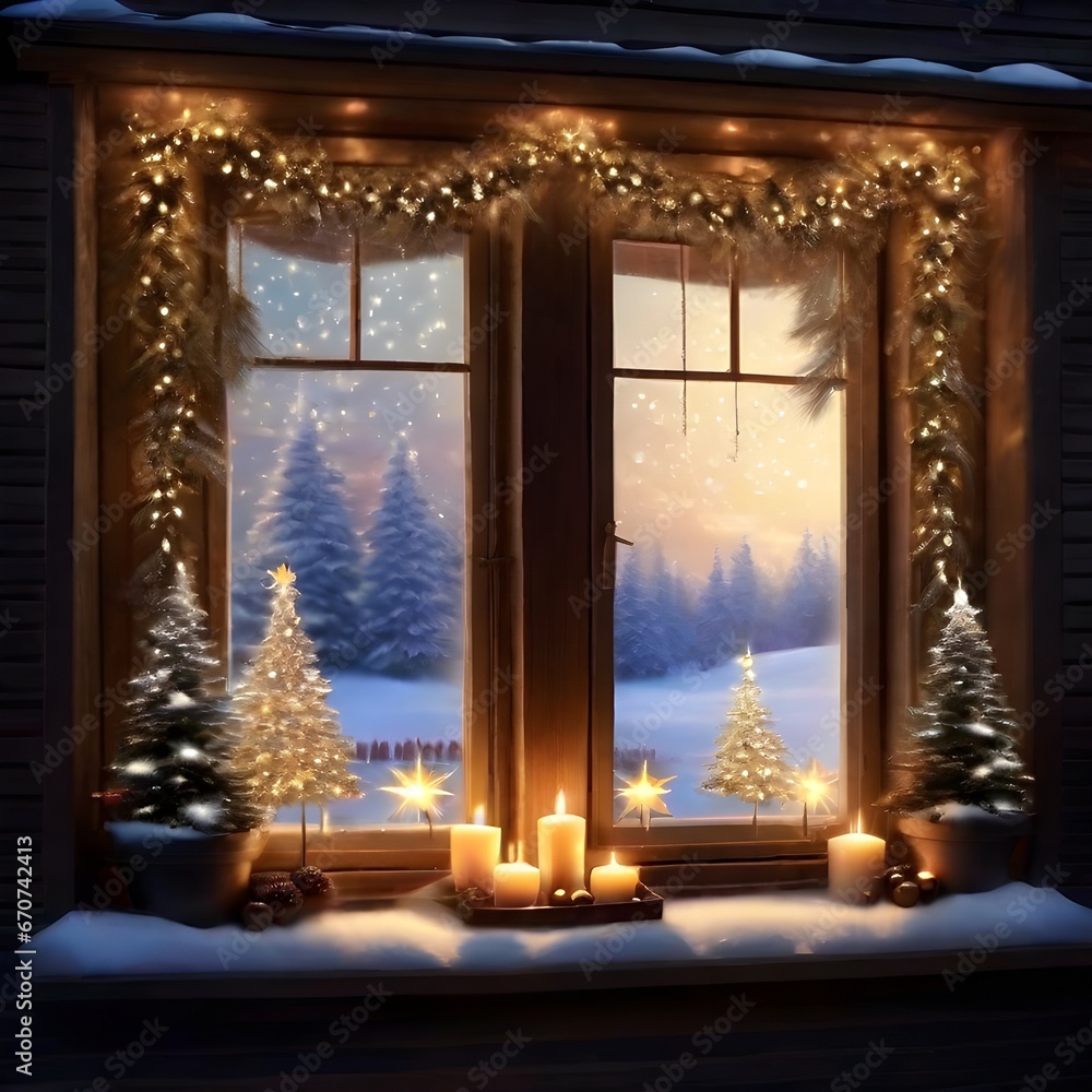 A window adorned with soft candles and glittering star decorations, symbolizing the warmth and enchantment of Christmas night, Generative ai A window adorned with soft candles and glittering star decorations, symbolizing the warmth and enchantment of Christmas night, Generative ai