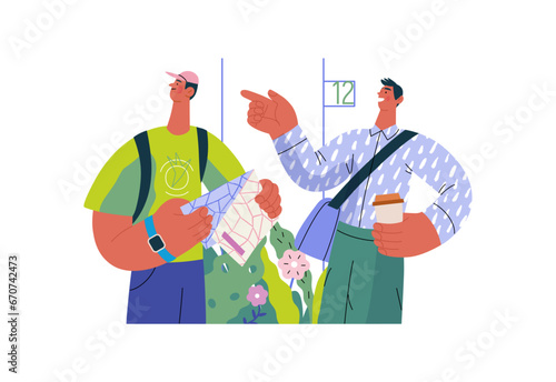Mutual Support: Directing a passerby -modern flat vector concept illustration of man pointing the way to a tourist. A metaphor of voluntary, collaborative exchanges of resource, services