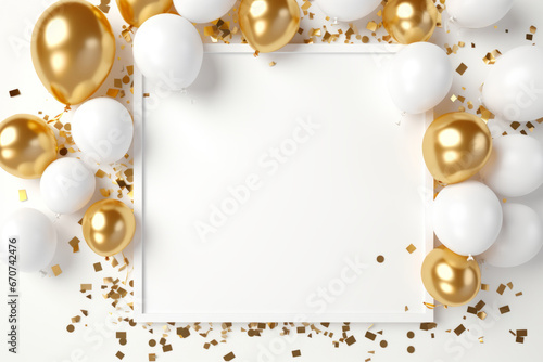 Blank white frame surrounded by confetti and golden balloons. Generative AI