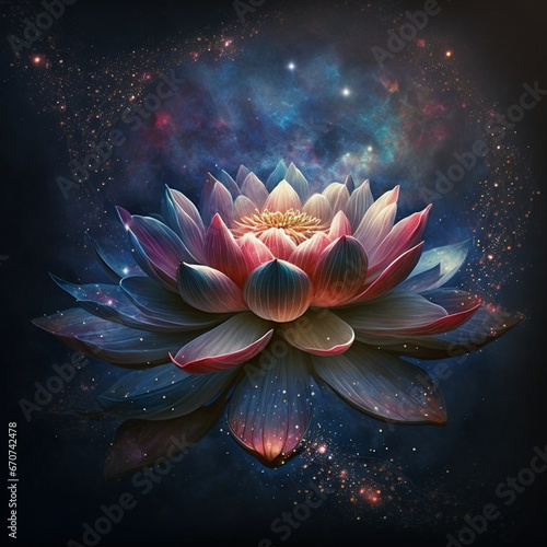 Stylized lotus flower, galaxy background, Generative AI 
