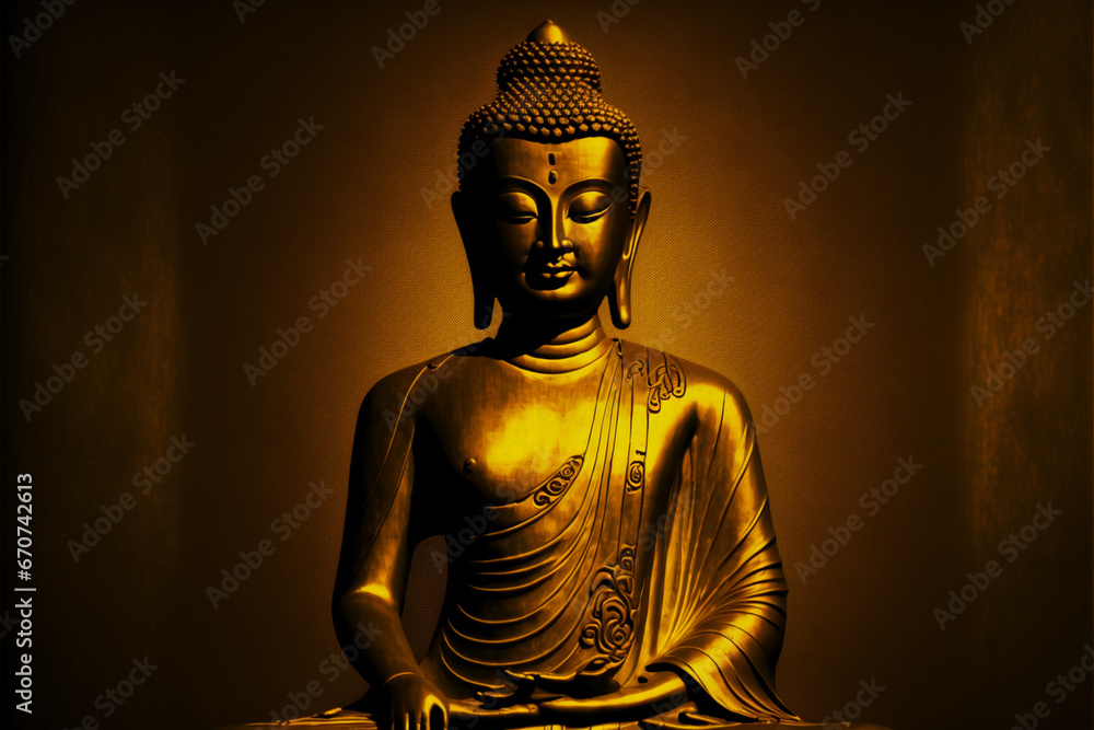 Golden buddha meditating with golden background, Generative AI 
