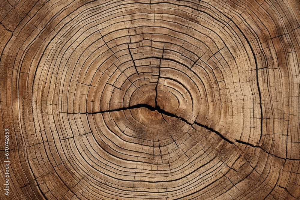 Naklejka premium Old wooden oak tree surface. Rough organic texture of tree rings. Generative AI